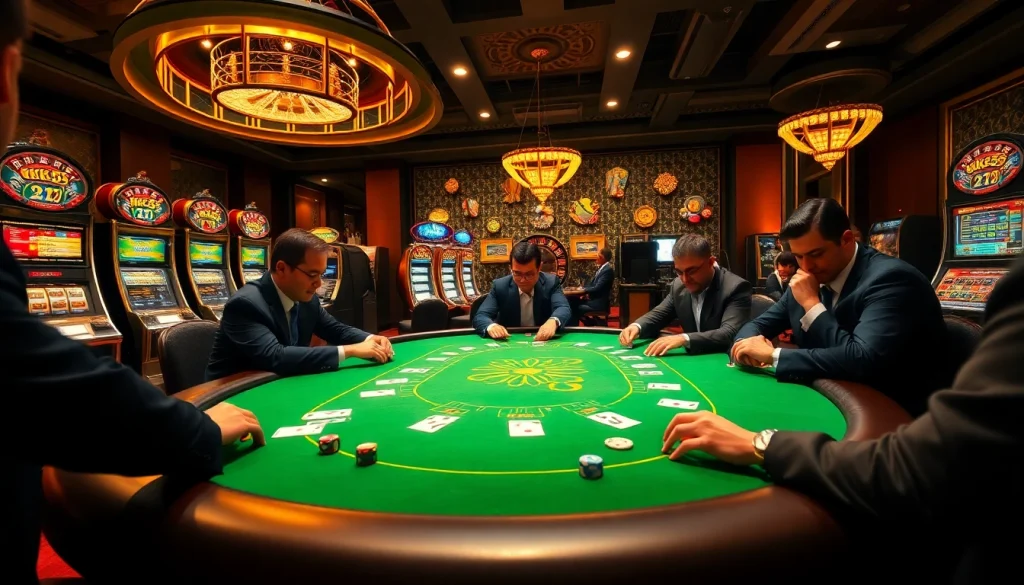 Players enjoying the KK55 poker table experience amidst luxury casino ambiance.