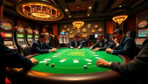 Players enjoying the KK55 poker table experience amidst luxury casino ambiance.