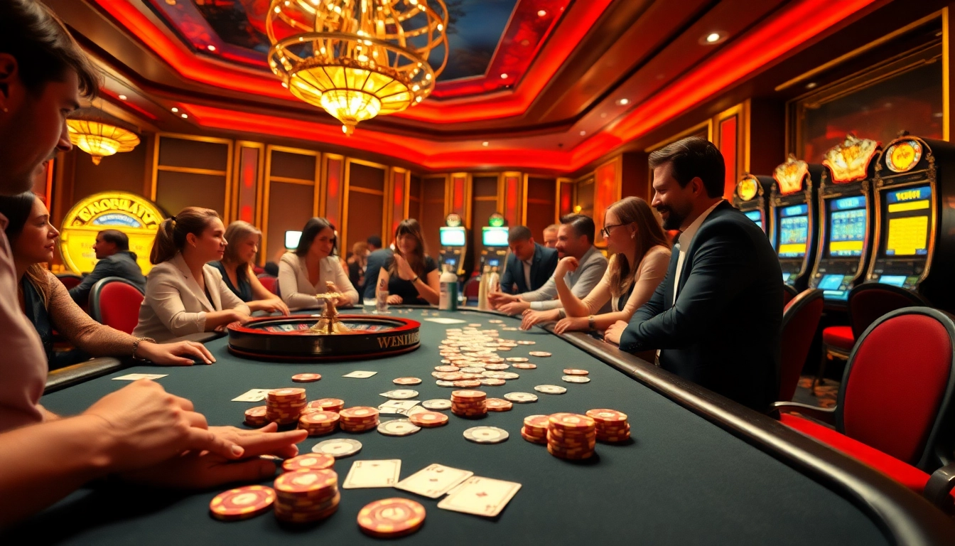 Players enjoying a vibrant game of poker at go99 casino, surrounded by colorful chips and lively atmosphere.
