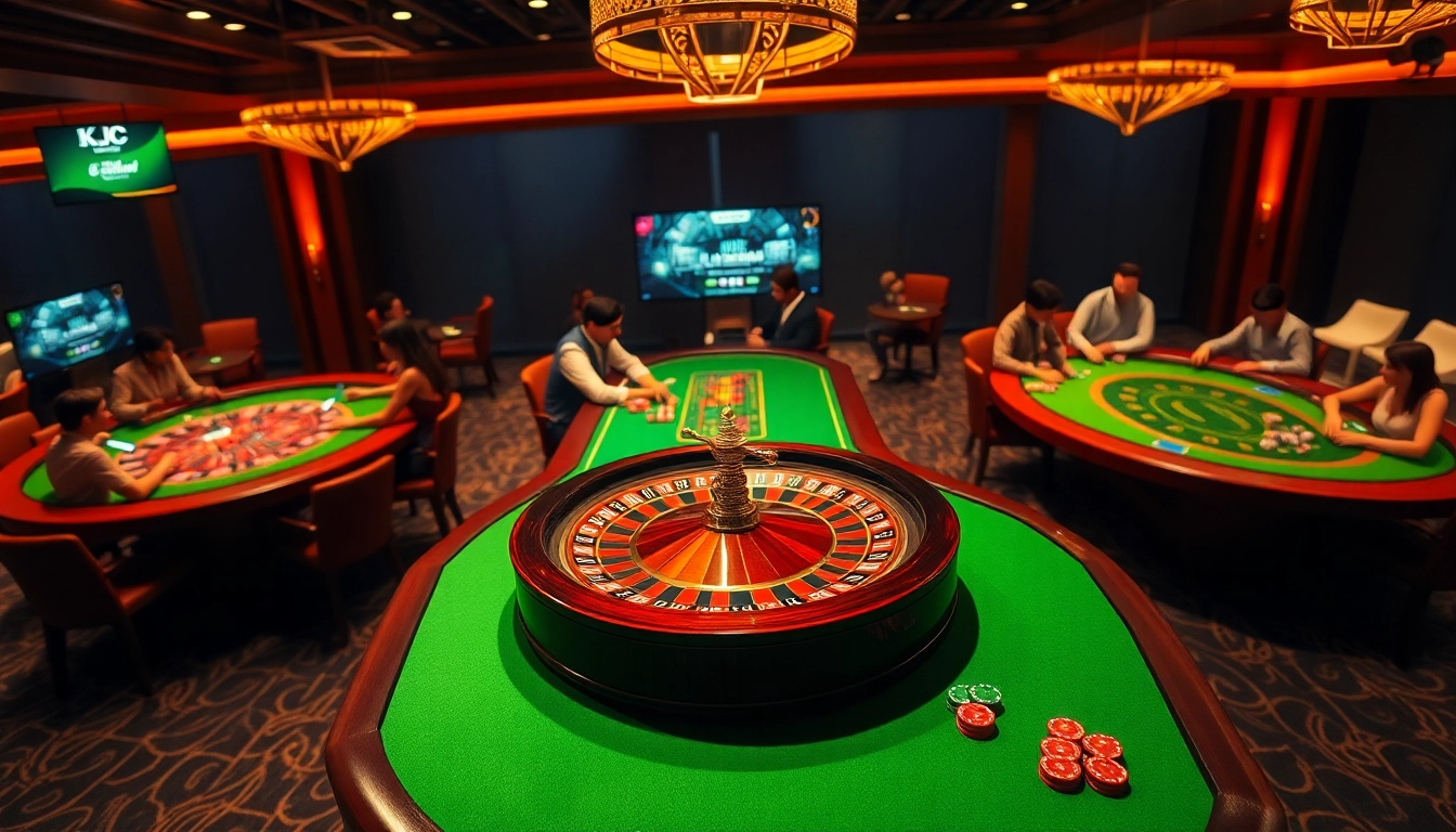 KJC gaming enthusiasts gather around a poker table, enjoying a vibrant casino atmosphere.
