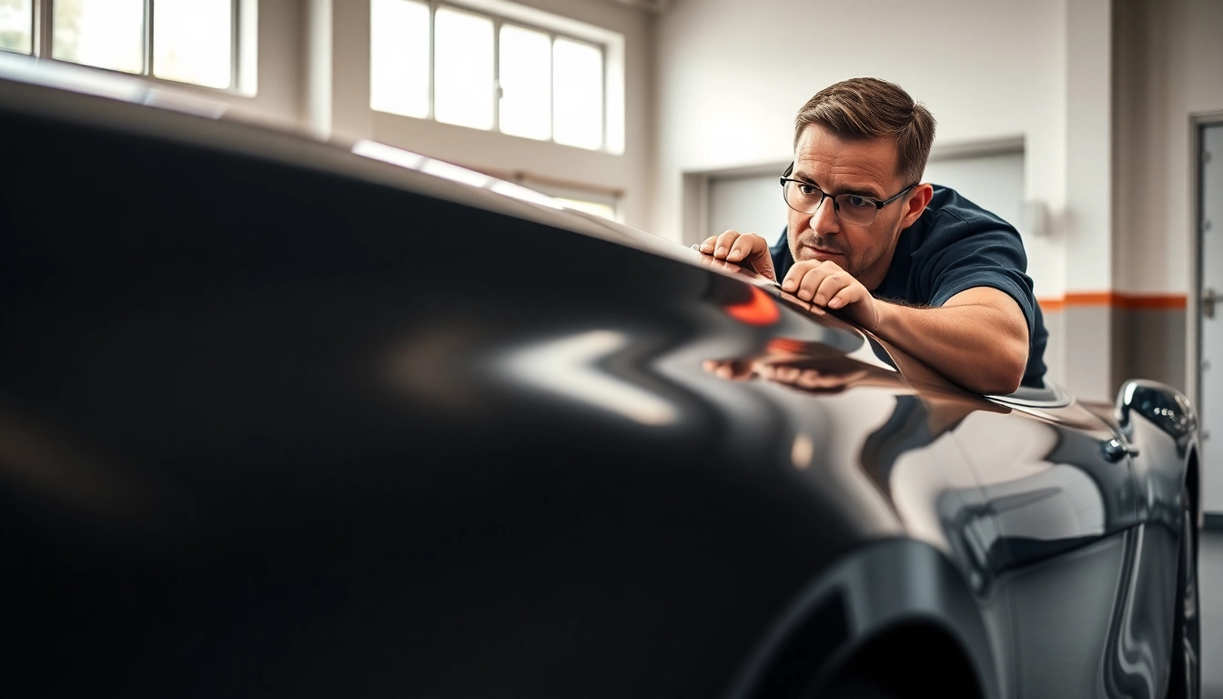 Install paint protection film near me on a modern car in a professional garage setting.