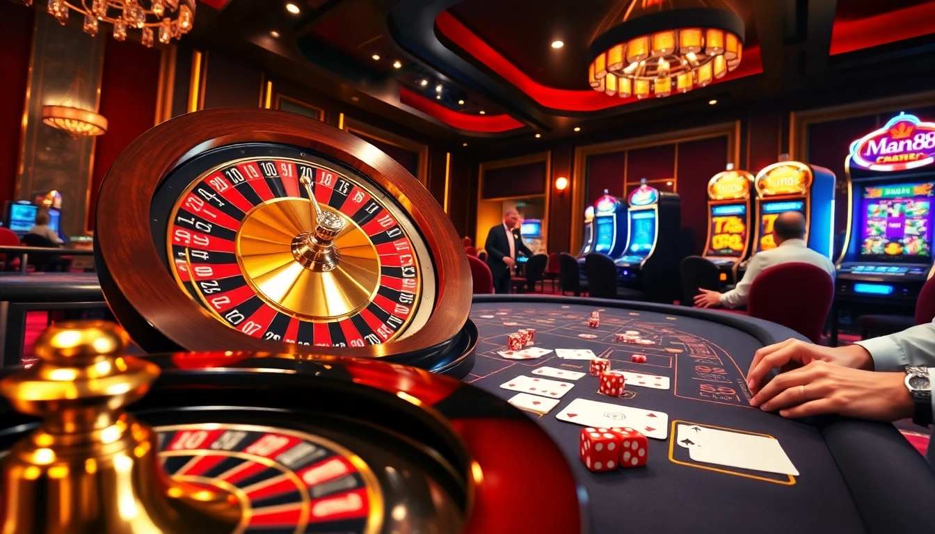 Exciting casino scene with players at Man88 poker table, showcasing luxury and high-stakes action.