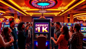 Rasakan permainan yang mendebarkan dengan slot deposit 1k di atmosfer kasino mewah, merayakan kemenangan.