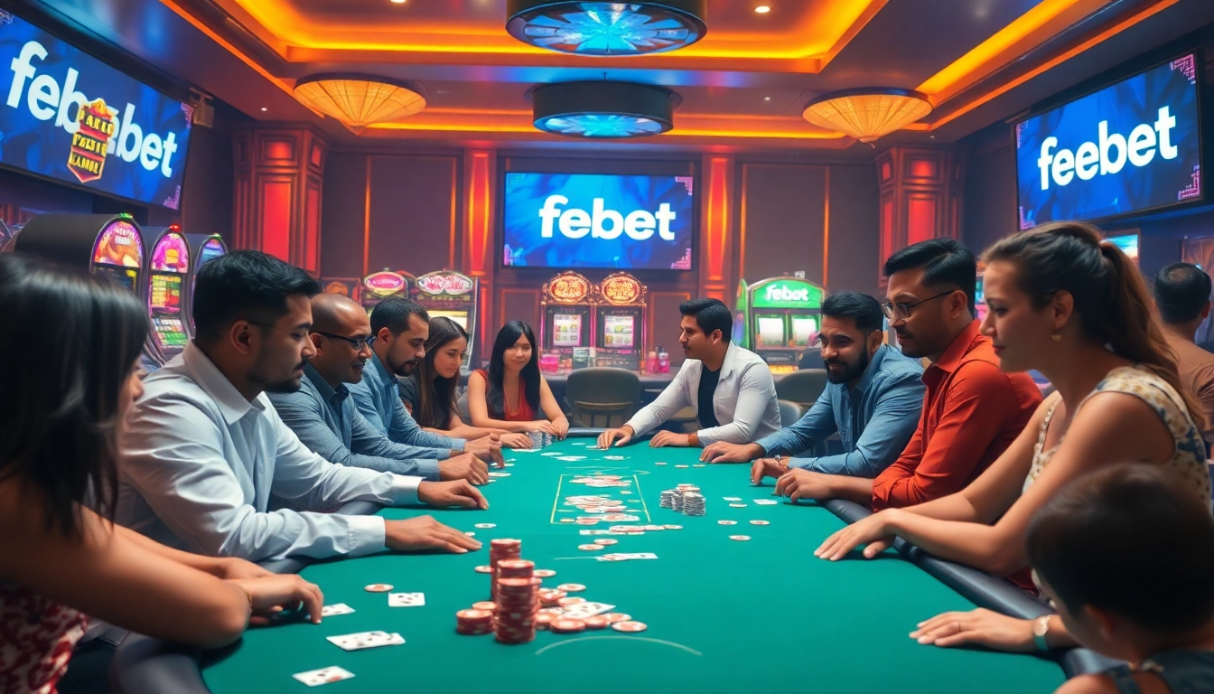 Intense poker action with players enjoying app febet at a luxurious casino table.