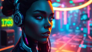 Engaging scene of an NSFW character AI in a vibrant, futuristic digital landscape with ambient lighting.