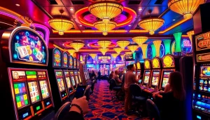 Adegan menarik di kasino modern yang menampilkan aktivitas deposit pulsa untuk slot dengan pemain yang bersemangat dan mesin slot yang berwarna-warni.