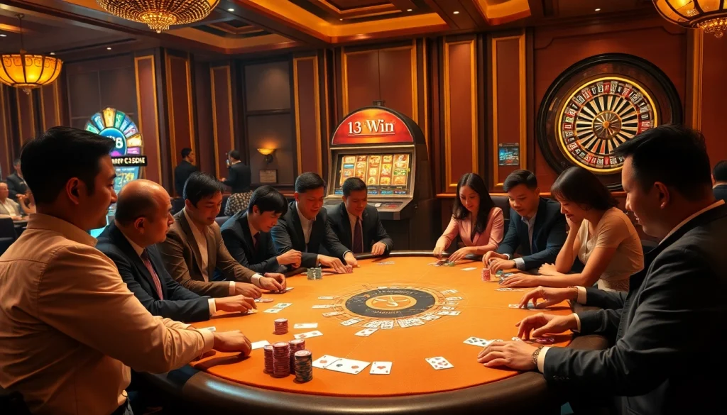 Exciting players strategizing their next 13Win bet at a luxury poker table.