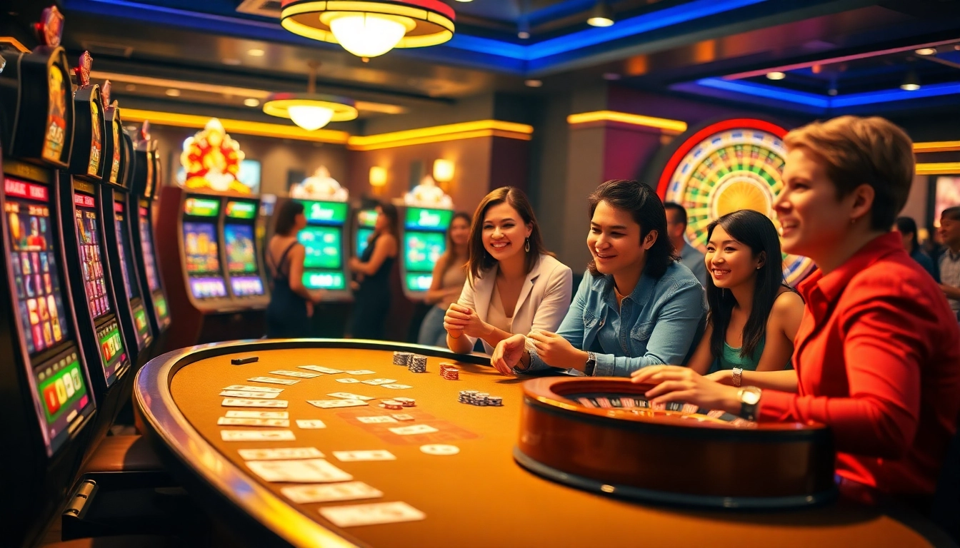 Exciting slot deposit pulsa gaming scene featuring colorful slot machines and players.