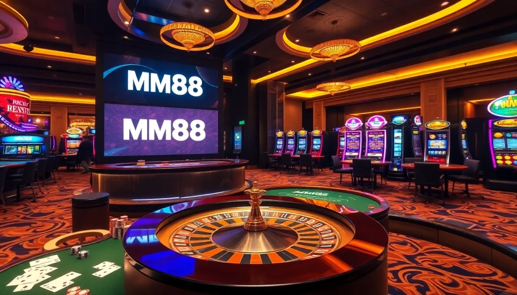 Experience the excitement of MM88 at a vibrant casino with roulette, poker, and slot machines.