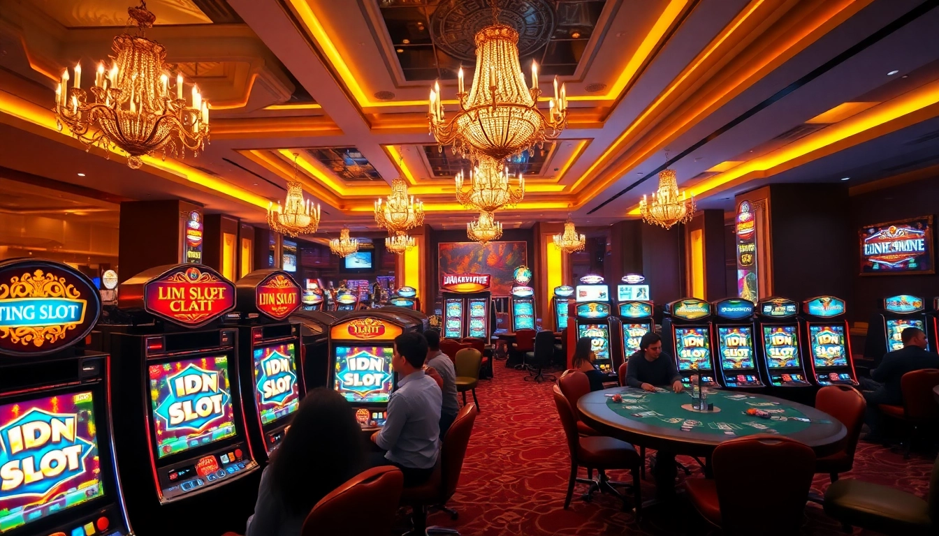 Engaging players enjoy the thrill of IDN Slot machines in a luxurious casino environment.