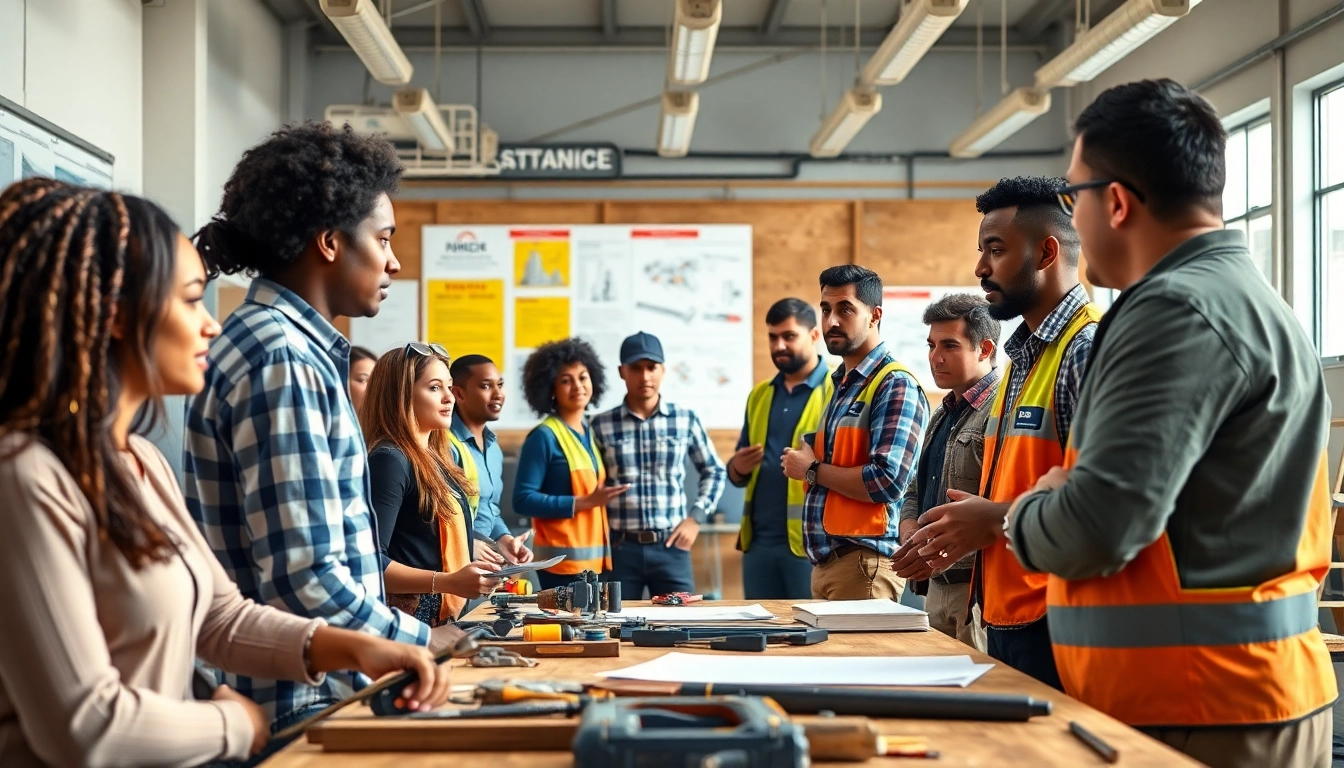 Engaging construction workforce development workshop with diverse participants learning in a well-lit training space.