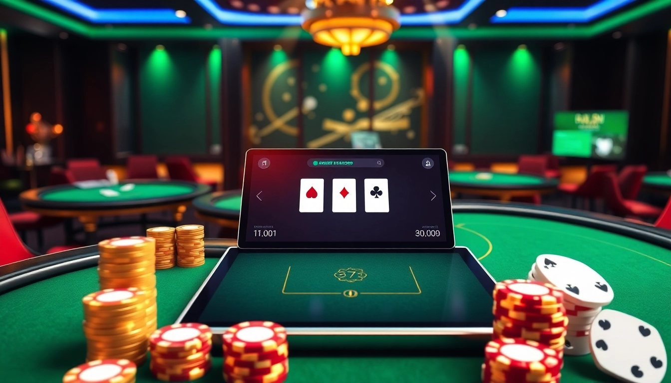 Experience poker online excitement with sleek tables and vibrant chip stacks in a luxury casino setting.