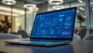 Showcase dynamic interface of AI Software on laptop, highlighting advanced analytics and design.