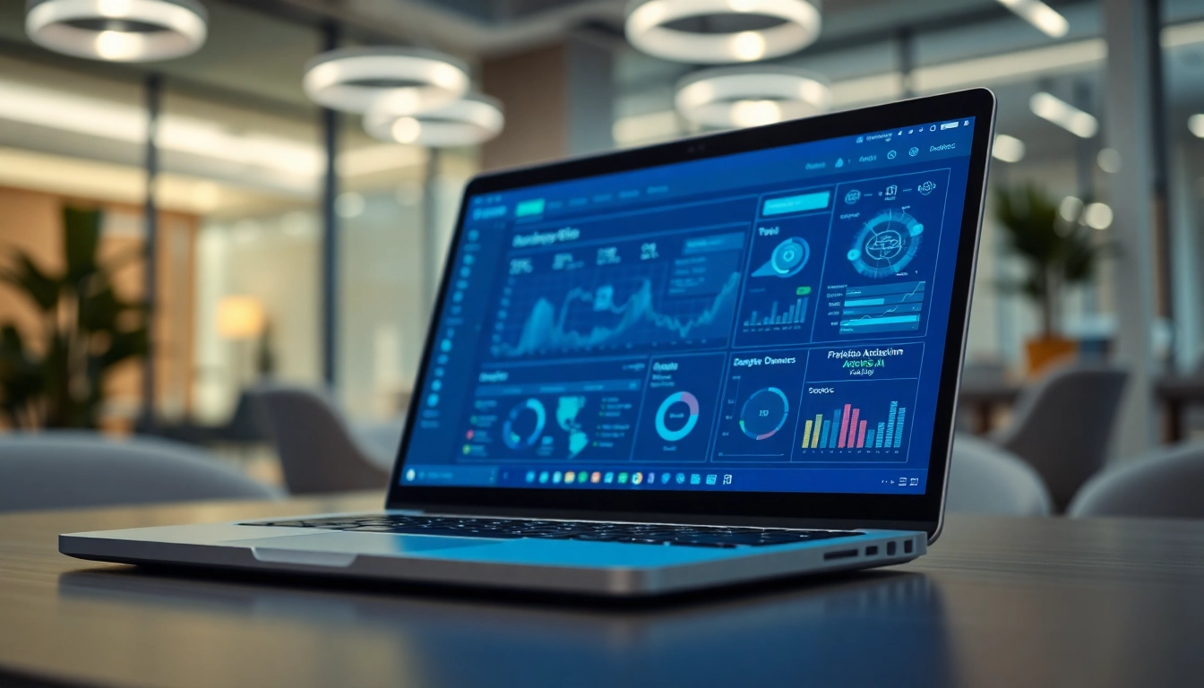 Showcase dynamic interface of AI Software on laptop, highlighting advanced analytics and design.