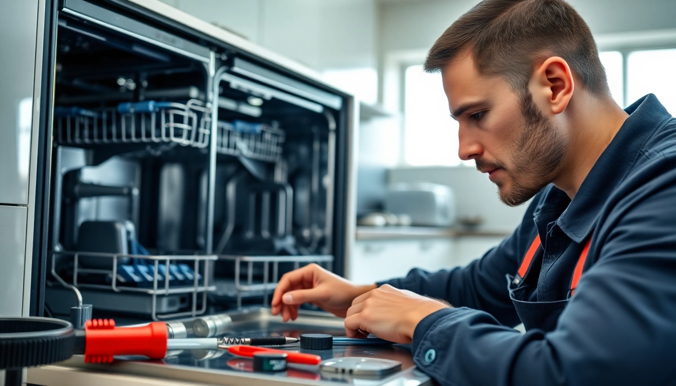 Technician conducting BOSCH dishwasher repair, showcasing tools and professionalism in a kitchen setting.