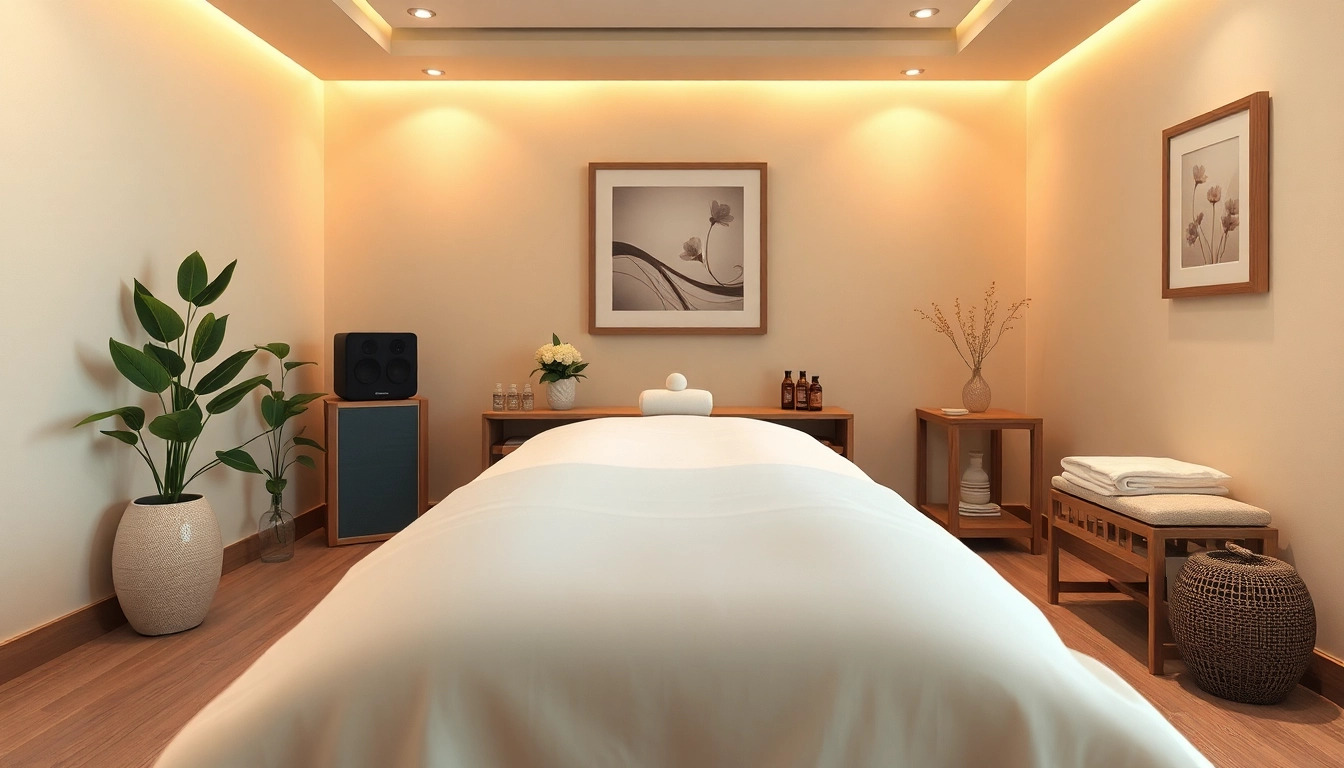 출장마사지 세션에 최적화된 편안한 마사지 치료실, 부드러운 조명과 차분한 장식이 특징.