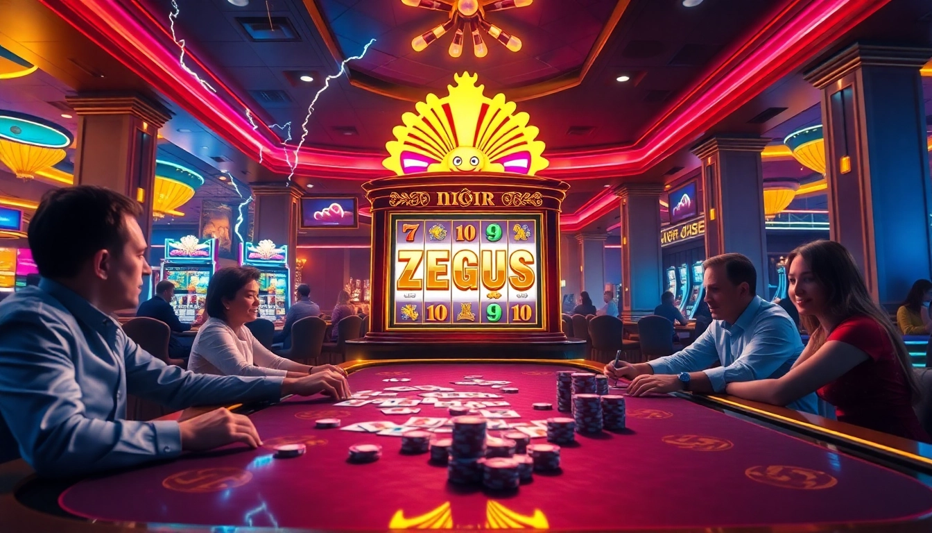 Engaging players enjoy the Zeus slot, spinning for jackpots in a vibrant casino atmosphere.