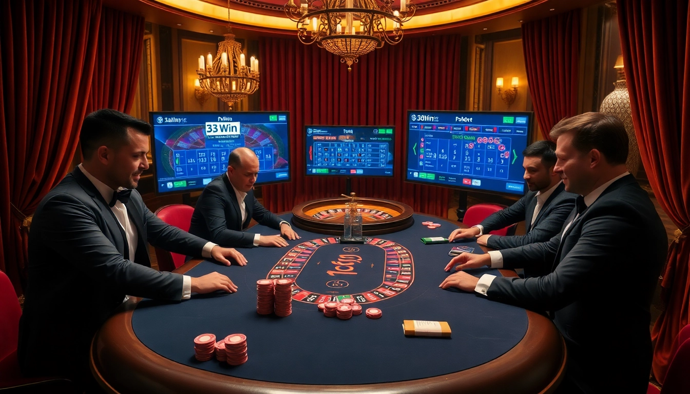 Experience the thrill of 33Win at a high-stakes poker table in a luxurious casino setting.