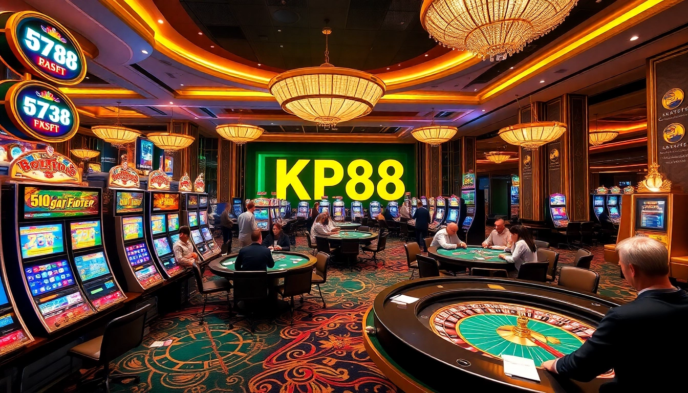 KP88 casino floor bustling with excitement featuring players at slot machines and tables.