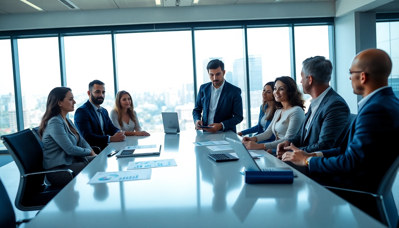 Engaged crisis management consultant leads strategic discussion in a modern office.