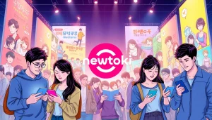 newtoki 웹툰 플랫폼의 로고와 다양한 웹툰 캐릭터의 배경이 있는 현대적인 디지털 풍경을 나타냅니다.