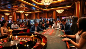 KJC RR88 casino table atmosphere with engaged gamblers and vibrant slot machines.