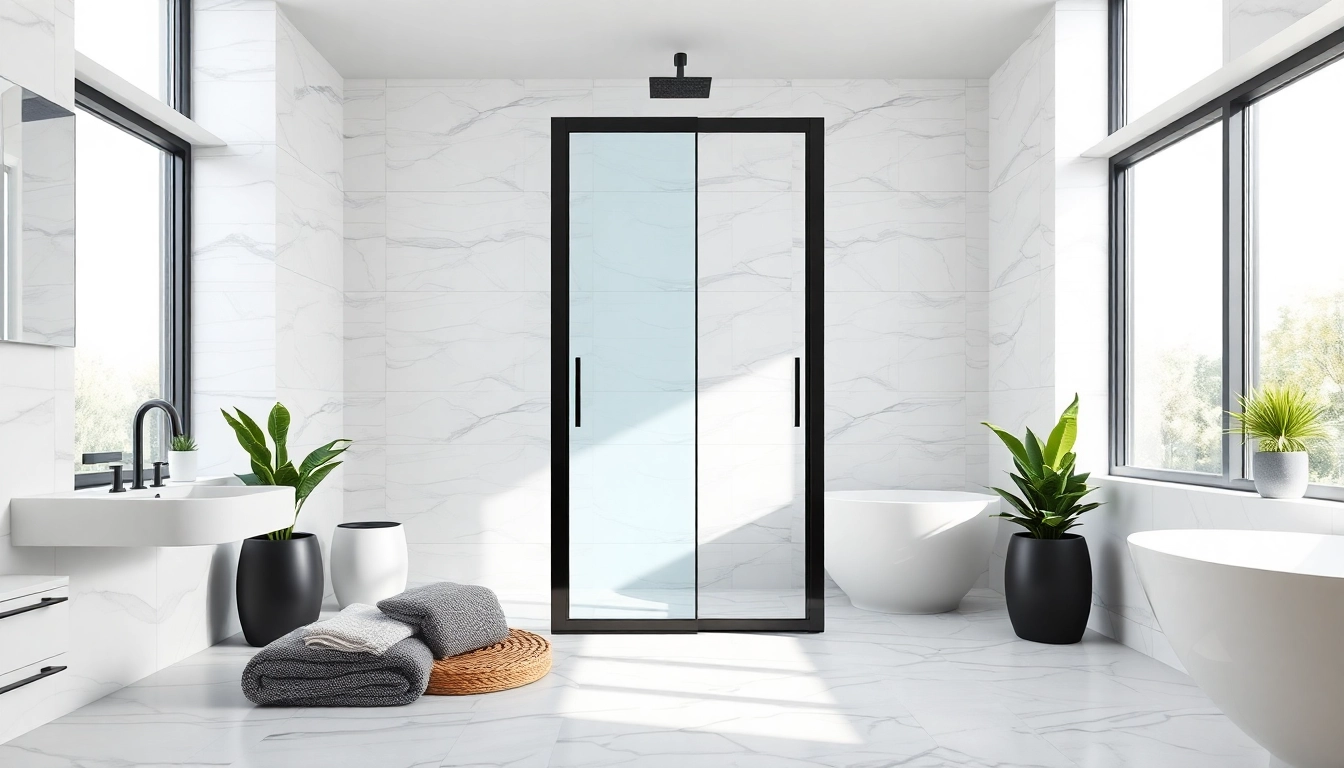 Explore a modern bathroom design featuring a striking shower door black frame, emphasizing style and elegance.