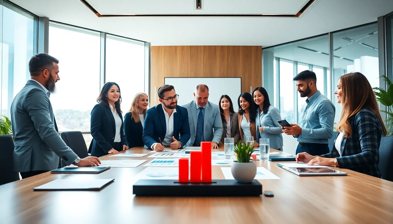 Engaging professionals discussing business growth insights in a modern conference room setting.