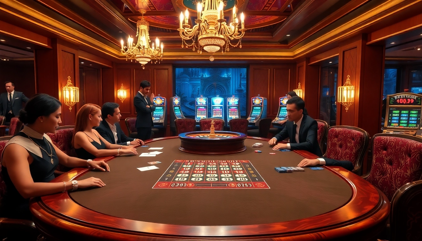 Players engaging at a poker table in a luxurious casino scene, showcasing https://kuwin.ac/ excitement.
