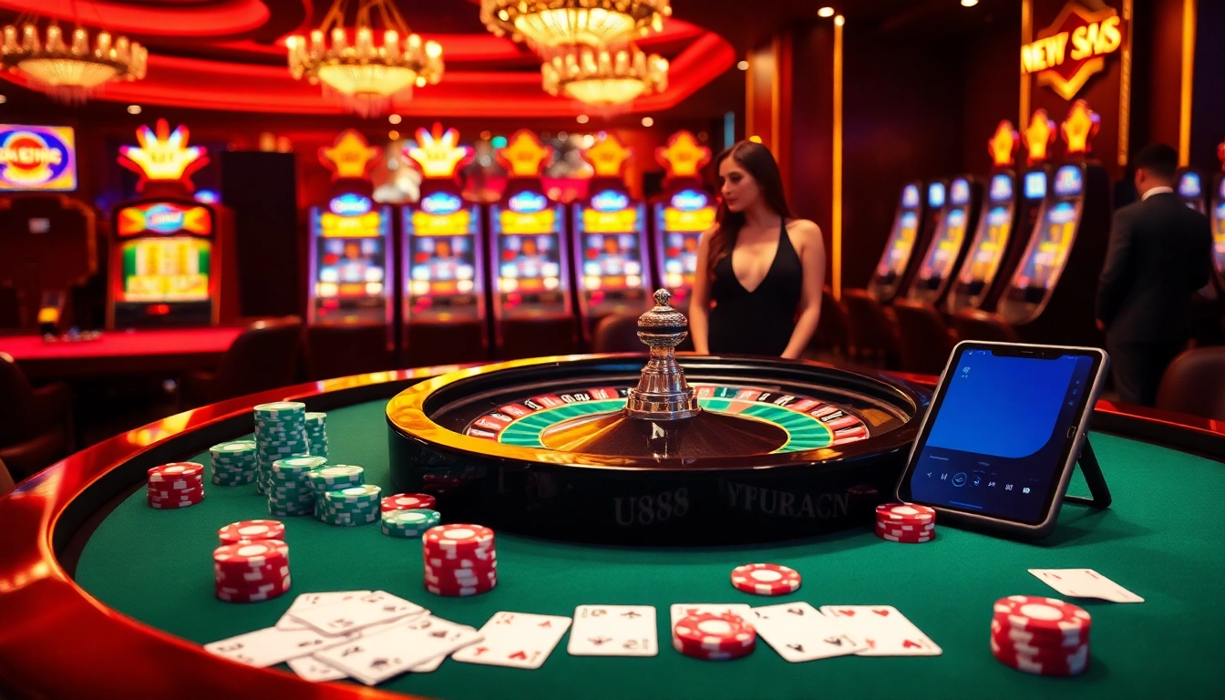 Experience the thrill of U888 with a stunning casino scene featuring a roulette wheel and poker chips.