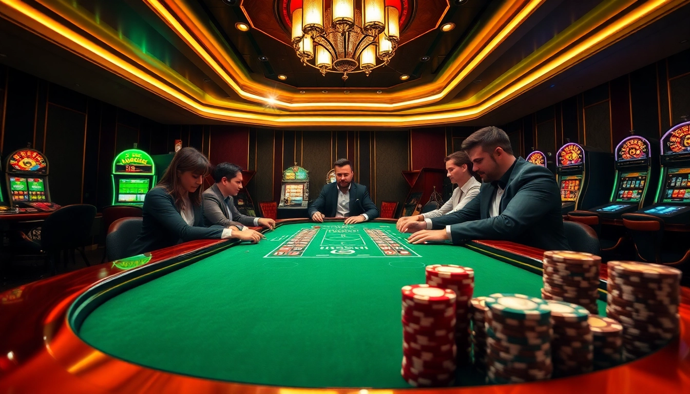 Engaged players strategizing at a luxurious poker table in the 222bd casino, highlighting excitement.