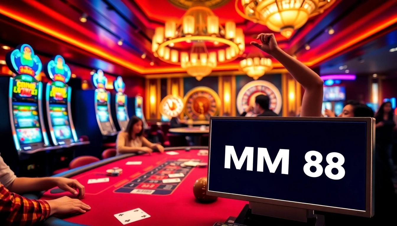 MM88 players celebrating a poker win in a vibrant casino setting filled with excitement.