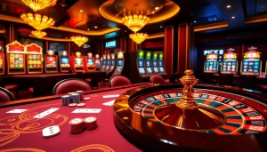 Thu hút người chơi tại bàn casino sống động của LUCK8 với bánh xe roulette và những chip đầy màu sắc.