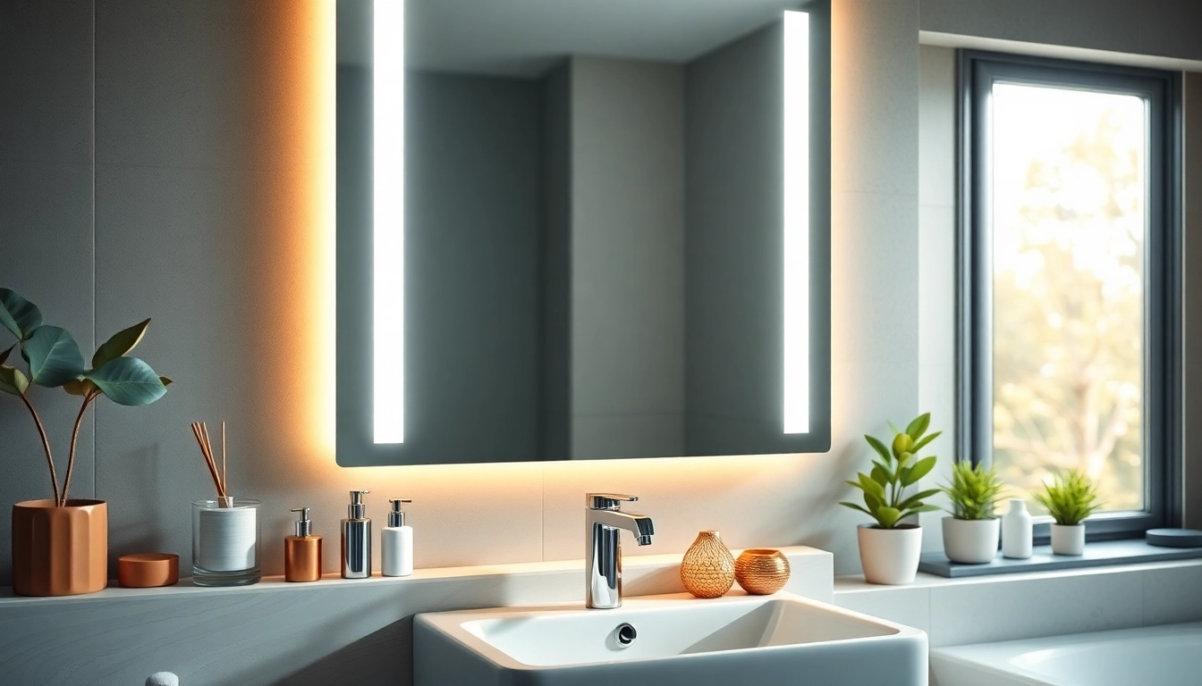 illuminated mirror with Lights in a modern bathroom setting with natural light and stylish decor
