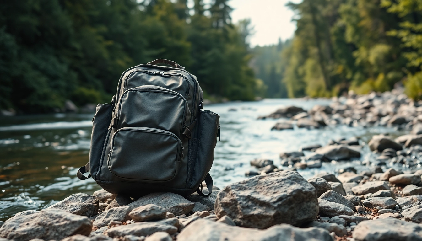 Fly fishing backpack placed on a riverbank amidst nature, highlighting its features and outdoor appeal.