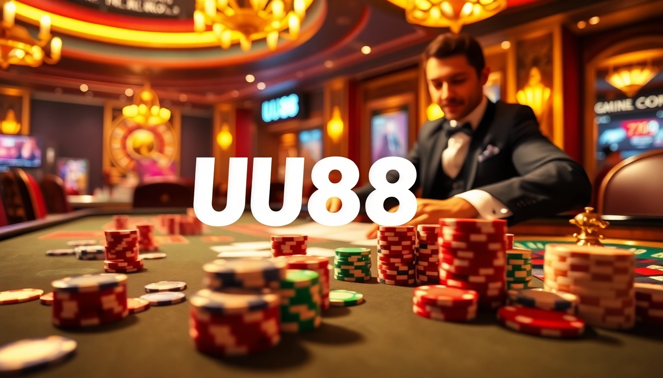 Experience UU88 gameplay at a lively casino table filled with poker chips and cards.
