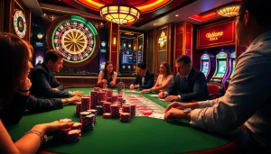 Experience the thrill of link alternatif onicplay as players engage at a vibrant casino table amidst luxurious gaming elements.