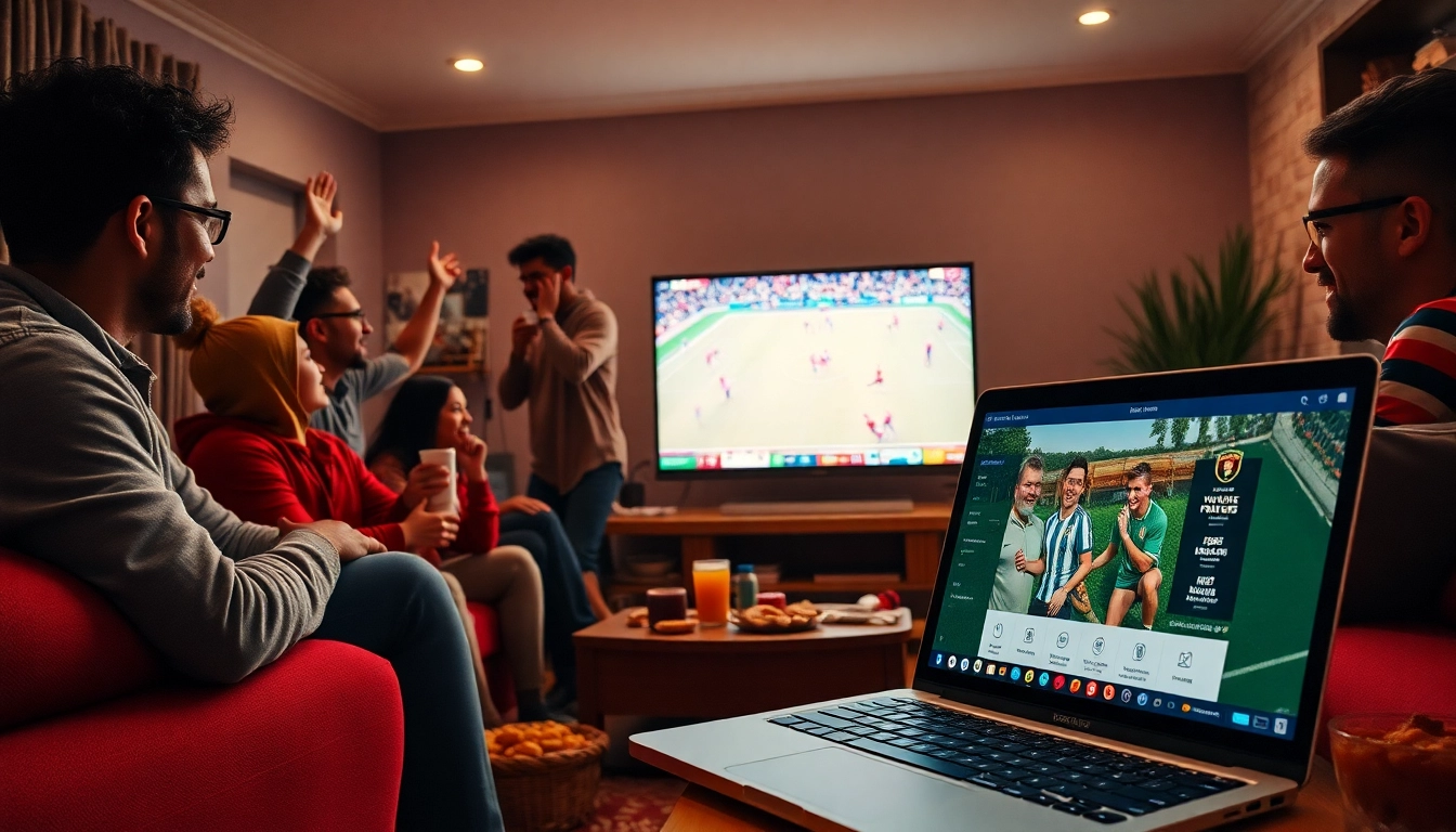 Fans enjoying a live football match on joemadfan.com in a cozy living room setting.
