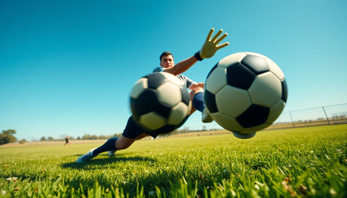 Catch the action with thscore as a goalkeeper performs a stunning save in a vibrant match.