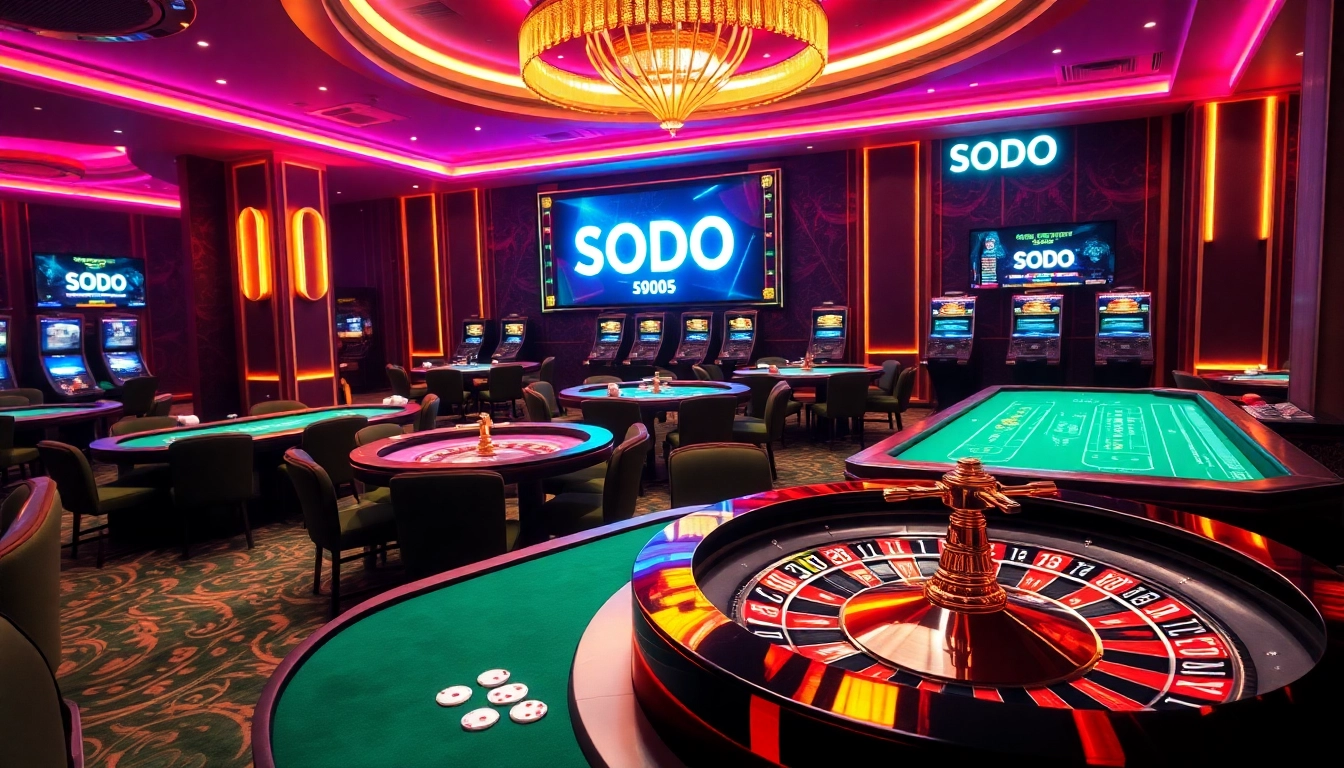 SODO Casino's vibrant gaming atmosphere showcases luxury and winning moments at poker and roulette tables.