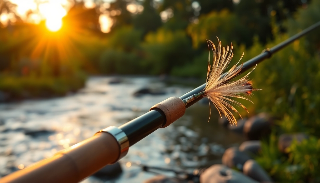 Showcasing the best fly fishing rods along a tranquil riverbank at sunset.