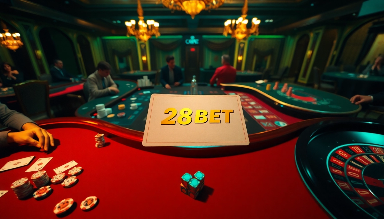 Players enjoying a thrilling game at 28BET casino, showcasing poker chips and cards.