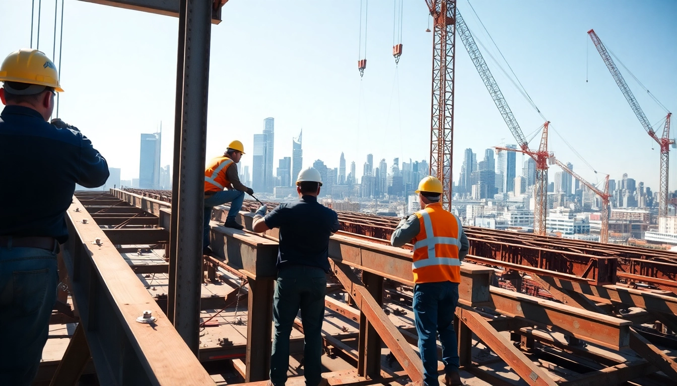 Workers performing structural steel installation on a commercial site with cranes and beams.