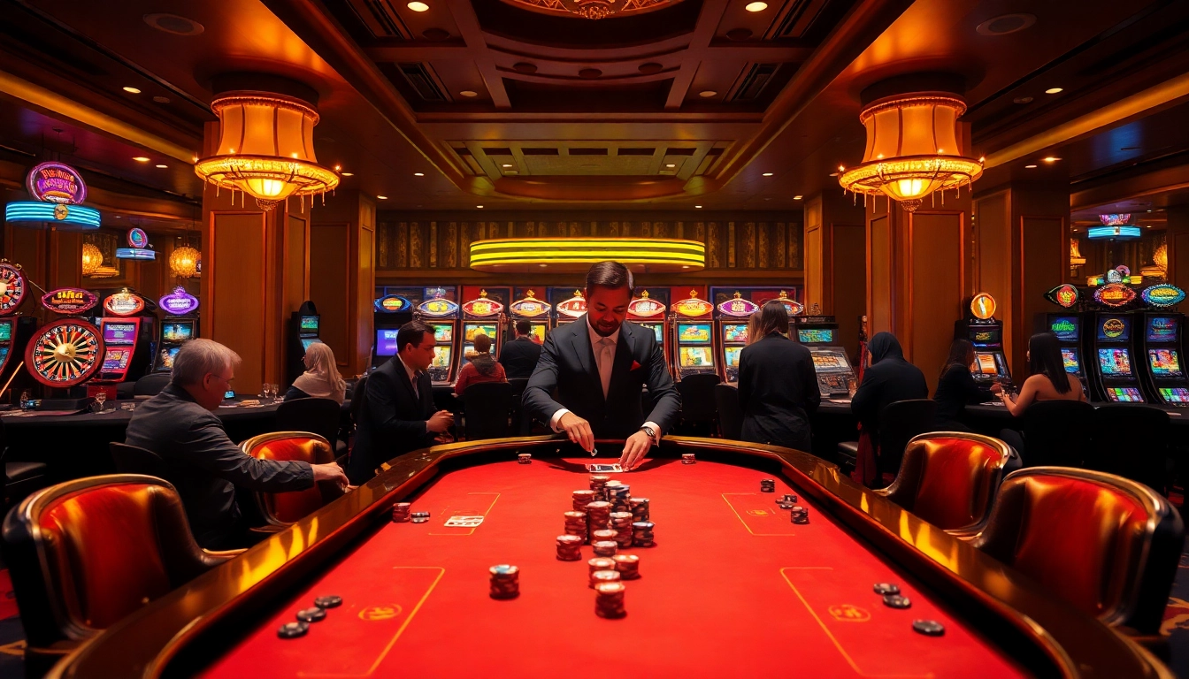 Engaging players at a luxurious casino poker table playing BDTK666 amidst vibrant slot machines.