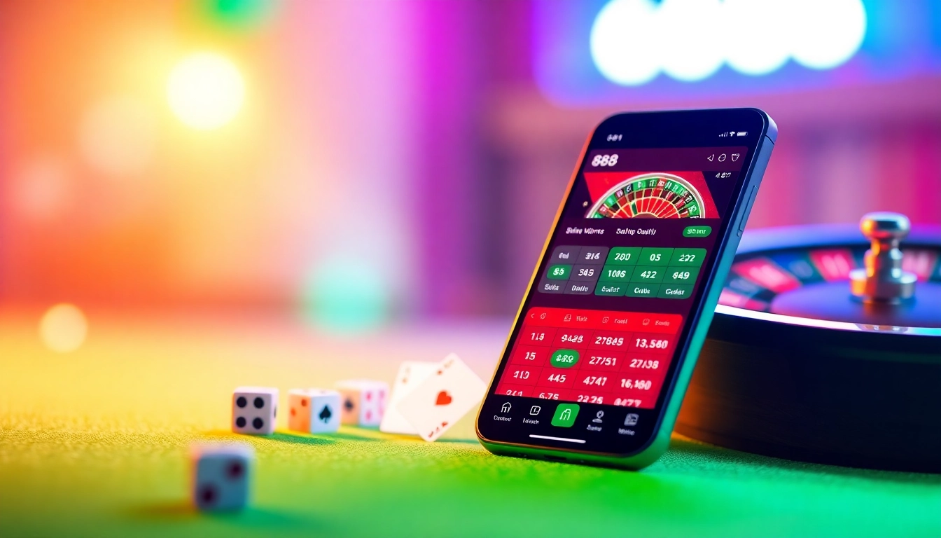 Engaging scene illustrating the 888b.rodeo betting app interface with vibrant casino elements.