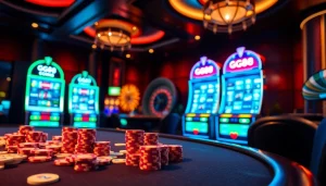Engaging casino atmosphere featuring GG88 branding with poker chips and vibrant slot machines.