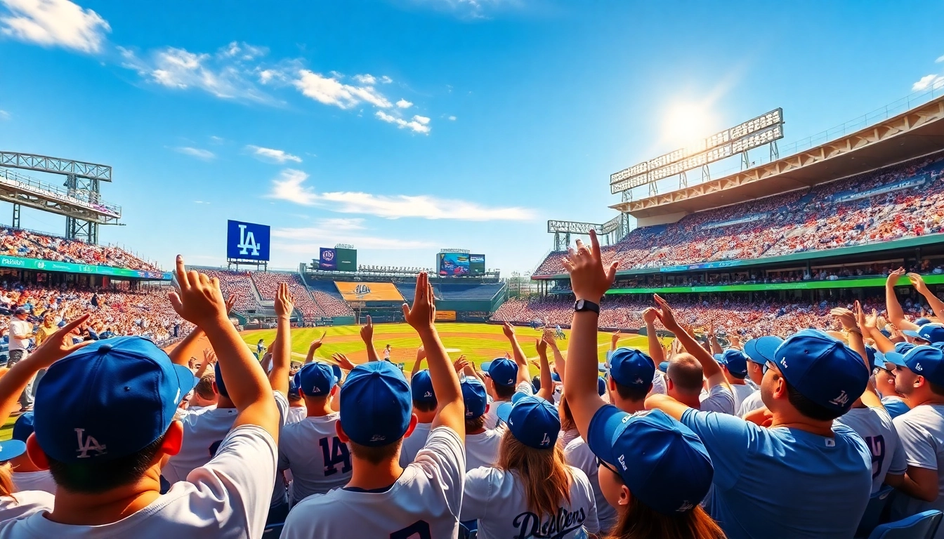 Excited fans at the Dodgers game, highlighting what time is the dodger game today to create anticipation.