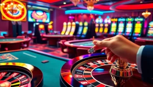 Experience Gopay88's thrilling casino ambiance with roulette and vibrant slot machines.