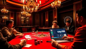 Excited players engage in a high-stakes poker game at say88, illuminated by luxury lights.