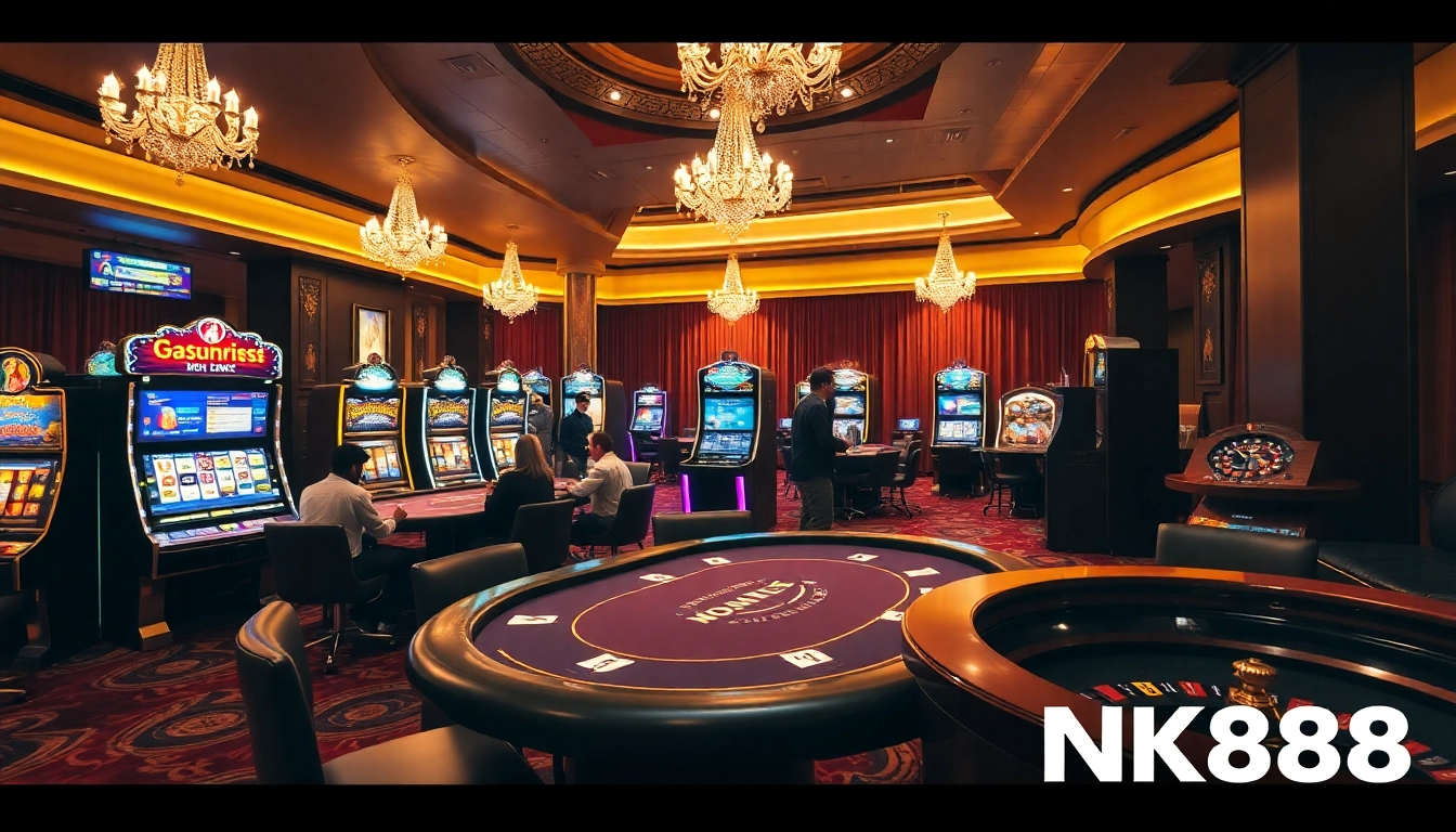 Players enjoy a thrilling game night at NK88's luxurious casino setup.